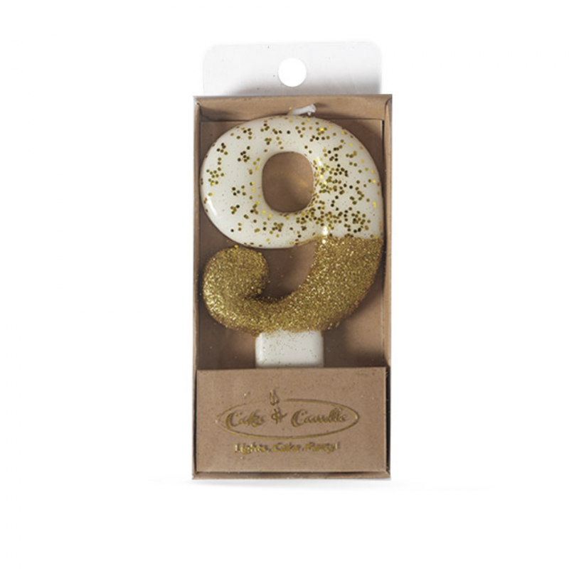 Number 9 Gold Glitter Dipped Candle